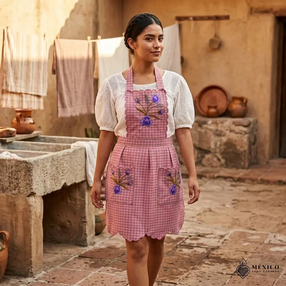Mexican Embroidered Bib Apron for Women – Multicolor with Floral Design